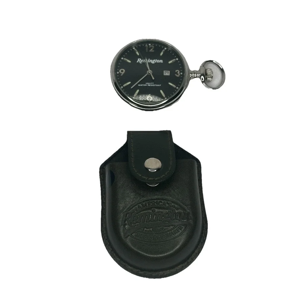 Vintage Remington Quartz Pocket Watch In Leather Pouch Cover Black Dial